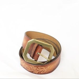 Brown leather floral embossed vintage belt large
